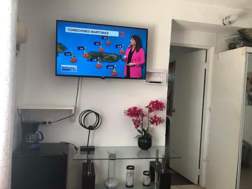 a flat screen tv on a wall in a living room at Gavidias Guest House in San Lorenzo
