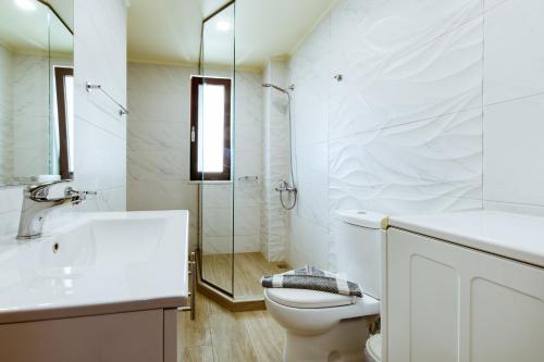 biała łazienka z toaletą i prysznicem w obiekcie Chania Oasis with heated pool w Chanii