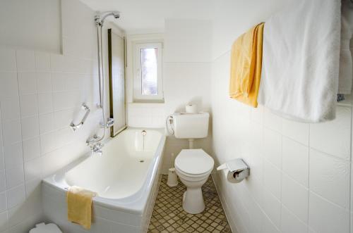 a white bathroom with a toilet and a bath tub at Westfalenhof Garni in Willingen