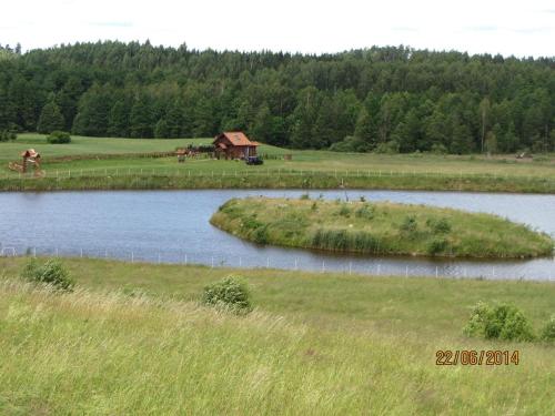 an island in a field next to a lake at Domek letniskowy Rancho do wynajęcia 7osobowy Rybaczówka in Banie Mazurskie