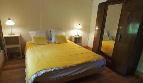 a bedroom with a bed with yellow sheets and a mirror at Gite Les genêts, baronnies provençales in Montjay