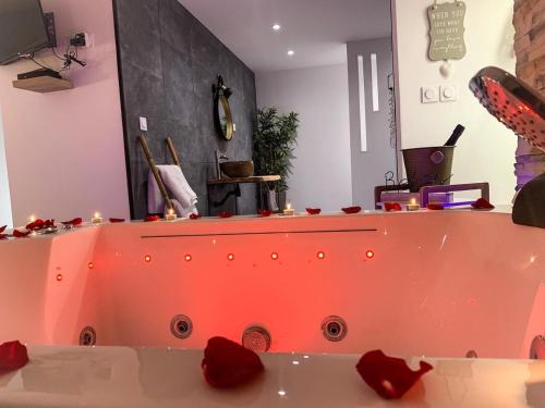 a bath tub with red roses in a room at Les Nuits d Olympe - Suite & Spa privatif in Lacoste