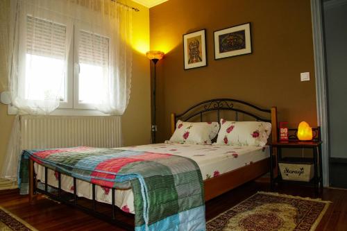 a bedroom with a bed and a window at Rania's guest house in Aridaia