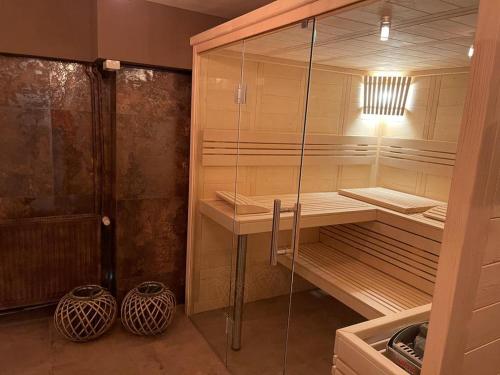a sauna with a glass enclosure and a sink at Vila Aquamarine in Eforie Nord
