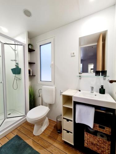 a bathroom with a toilet and a sink and a shower at Mobile Homes Adriatic , Campsite Porton Biondi -Rovinj in Rovinj