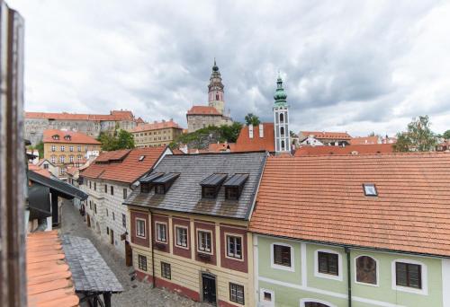 a view of a city with roofs and buildings at Pension Adalbert in Český Krumlov