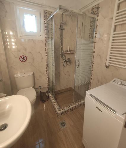 a bathroom with a shower and a toilet and a sink at Neos Marmaras Holiday 2 in Neos Marmaras