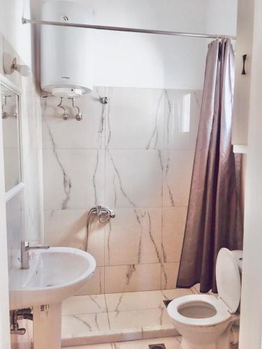 a bathroom with a sink and a toilet and a shower at Turtle harbour Seafront Apartment! Full Seaview!!! in Argostoli