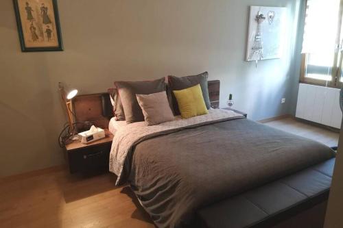 Un dormitorio con una cama grande con muchas almohadas en Appartement meublé tout confort en Scionzier
