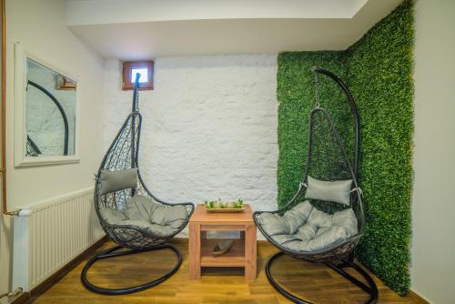 two hanging chairs in a room with a green wall at Užički konak in Užice