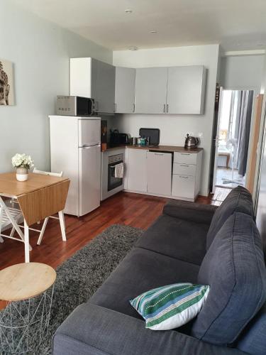 un salon avec un canapé bleu et une cuisine dans l'établissement Le triangle d or, à Bordeaux