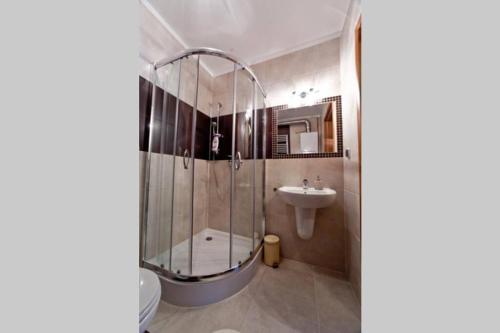 a bathroom with a shower and a sink at Apartament Oliwkowy in Szklarska Poręba