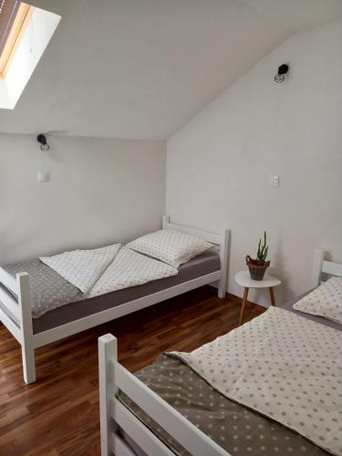 ein Schlafzimmer mit zwei Betten und einem Tisch mit einer Pflanze in der Unterkunft Apartmani Kaić in Livno