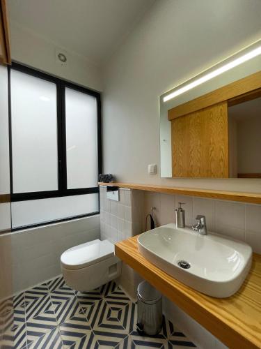 a bathroom with a sink and a toilet and a mirror at PDL Green House in Ponta Delgada