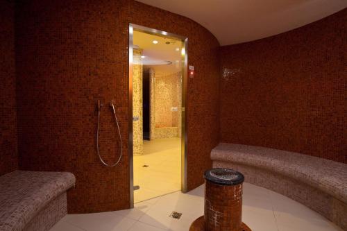 bagno con doccia e cabina doccia di Beltine Forest Hotel a Ostravice