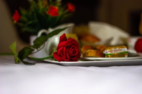 a red rose sitting on a table with two plates of food at Hotel Le Paris in Noumea