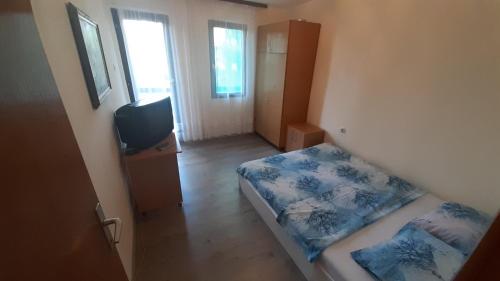 Žune的住宿－Kuća Sarić, Gružansko jezero，小房间设有两张床和电视