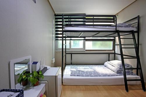 Dashim Guest House في جونسان: غرفة نوم مع سريرين بطابقين ومكتب