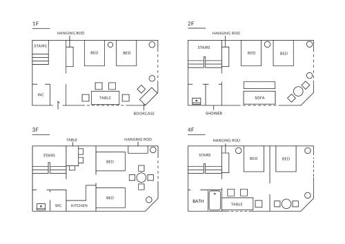 ein Satz von drei Bildern eines Gebäudes mit unterschiedlichen Grundrissen in der Unterkunft TORA HOTEL Tokyo-kitaueno 寅ホテル北上野 in Tokio