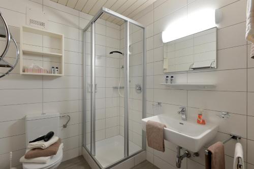a bathroom with a shower and a sink and a toilet at Apart Kofler's Panorama-Zillertal in Fügen