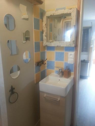 uma casa de banho com um lavatório e um espelho em LES HERISSONS em Étricourt-Manancourt