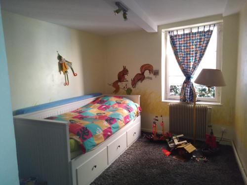 ein Kinderschlafzimmer mit einem Bett und einem Fenster in der Unterkunft Le Baudinot in Sélestat