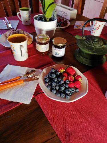a table with a plate of fruit and cups of coffee at Agriturismo bio Apipoli in Lucino