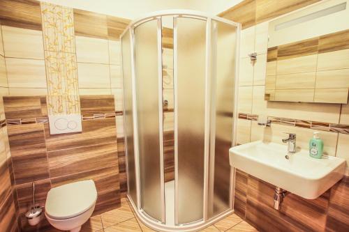 a bathroom with a shower and a toilet and a sink at Hotel U Pláže in Vranov nad Dyjí