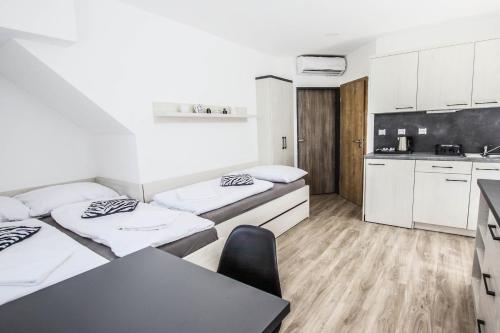 a room with two beds and a table and a kitchen at Hotel U Pláže in Vranov nad Dyjí