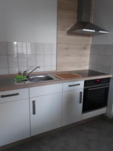 een keuken met een wastafel en een fornuis bij Ferienwohnung Steinweg 28 in Quedlinburg