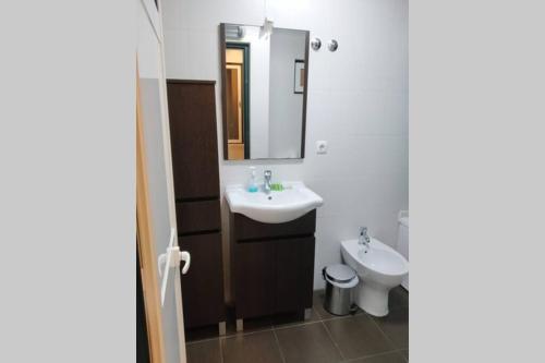 ein Badezimmer mit einem Waschbecken, einem WC und einem Spiegel in der Unterkunft Apartment in the center next to the parliament in Lissabon