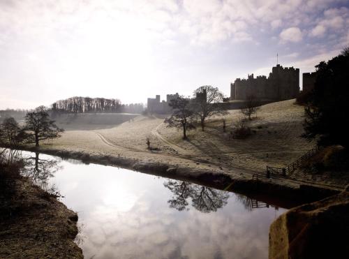 a castle sitting on a hill next to a body of water at Links Lets Room Only in Seahouses