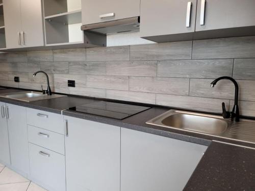 a kitchen with white cabinets and a stainless steel sink at VIP HOTEL ZATOKA in Zatoka