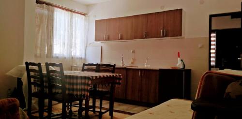 a kitchen with a table and chairs and a refrigerator at Odmaralište Vlaško ždrelo in Pirot