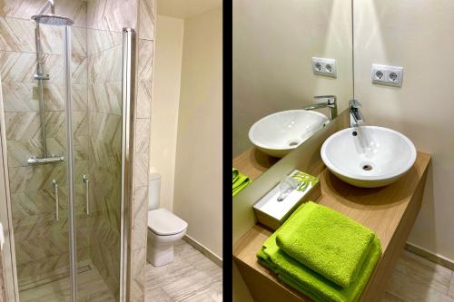 two pictures of a bathroom with a sink and a shower at Casa Mediterránia de Palamós amb piscina privada in Palamós