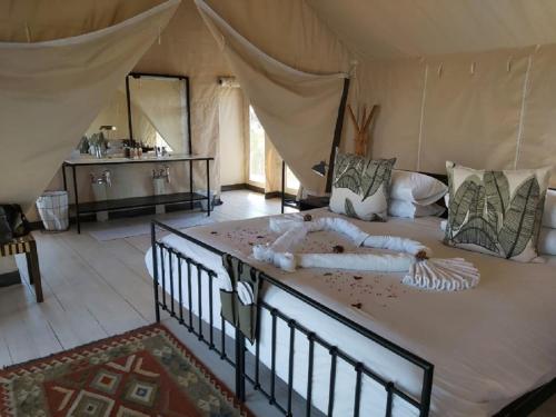 a bedroom with a large bed in a tent at Nogatsaa Pans Chobe Lodge in Kasane