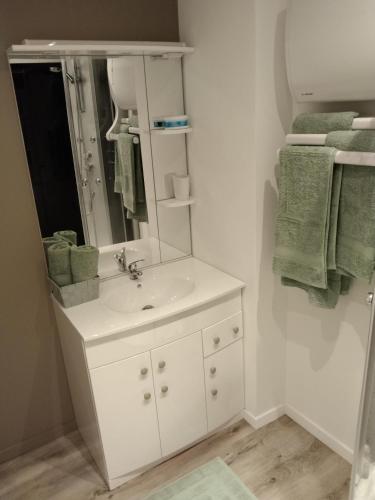 a bathroom with a white sink and a mirror at Lou calado in Fayence