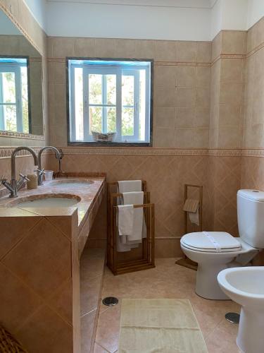 a bathroom with a sink and a toilet at Lagoa Albufeira House in Sesimbra