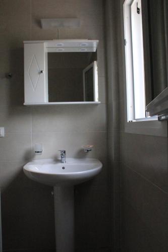 a bathroom with a sink and a mirror at Chloe Apartments in Tsoukaladhes