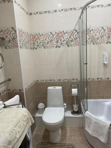 y baño con aseo, ducha y lavamanos. en Apartaments LiS 2, en Peterhof