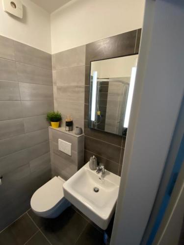 a bathroom with a sink and a toilet and a mirror at Apartmán Domenica 404 in Mikulov