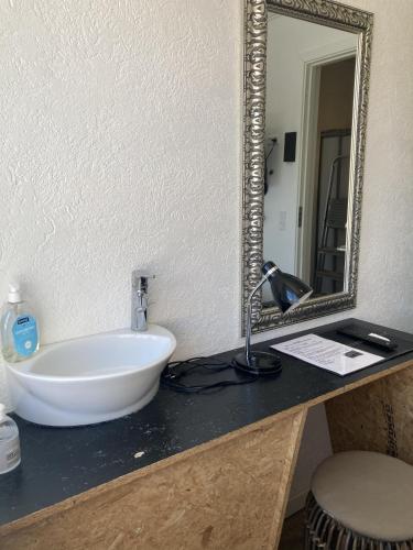 a bathroom with a sink and a mirror on a counter at Hotel Sniva in Rønne