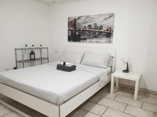 ミラノにあるPretty Spaceの白いベッドルーム(ベッド1台付)が備わります。壁には絵画が飾られています。