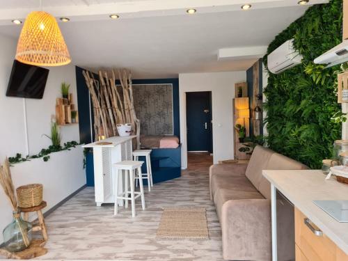 un salon avec un canapé et une table dans l'établissement Cap D'agde Naturiste Heliopolis 2 à 4 Personnes Appartement OSMOSE, au Cap d'Agde