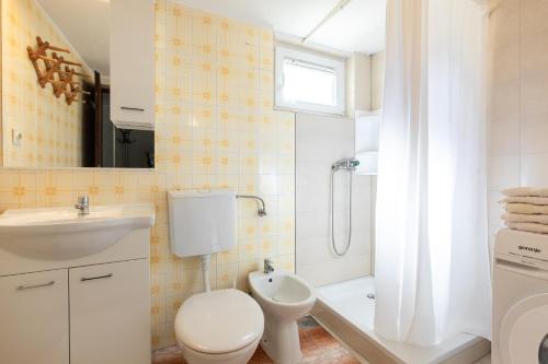 łazienka z toaletą, umywalką i prysznicem w obiekcie Oldtown 1 w Bašce