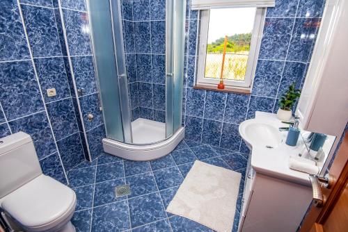 ポドストラナにあるSan Marian Apartmentsの青いタイル張りのバスルーム(トイレ、シンク付)