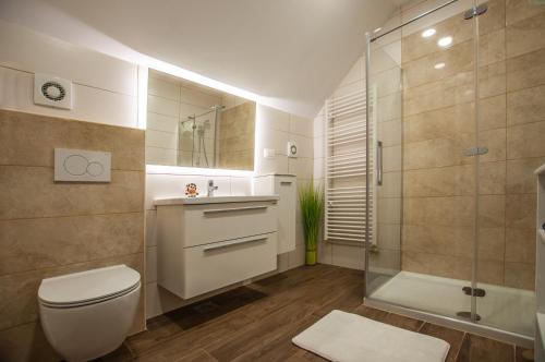 a bathroom with a toilet and a glass shower at Green Garden Apartments Soklič in Bohinj