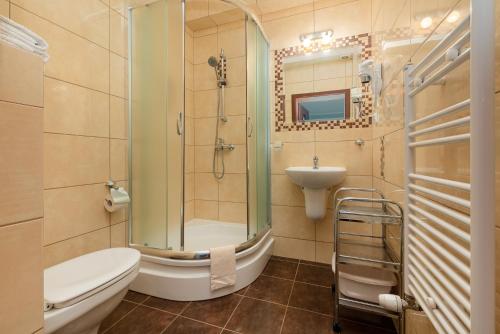 a bathroom with a shower and a toilet and a sink at Holiday House Europa in Rewal