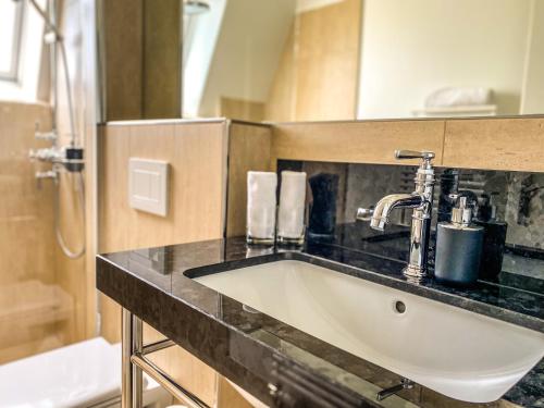 ein Bad mit einem Waschbecken und einer Dusche in der Unterkunft Trompeterschlössle Hotel & Residence in Tägerwilen