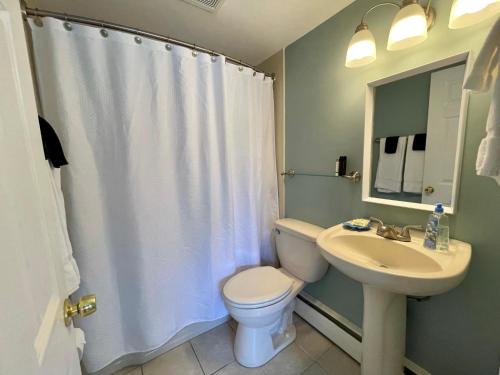 a bathroom with a white toilet and a sink at The Escape Inn in South Yarmouth